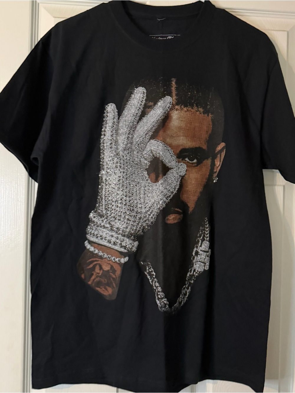 Drake Men's Black Graphic Tee with Silver Glove Print